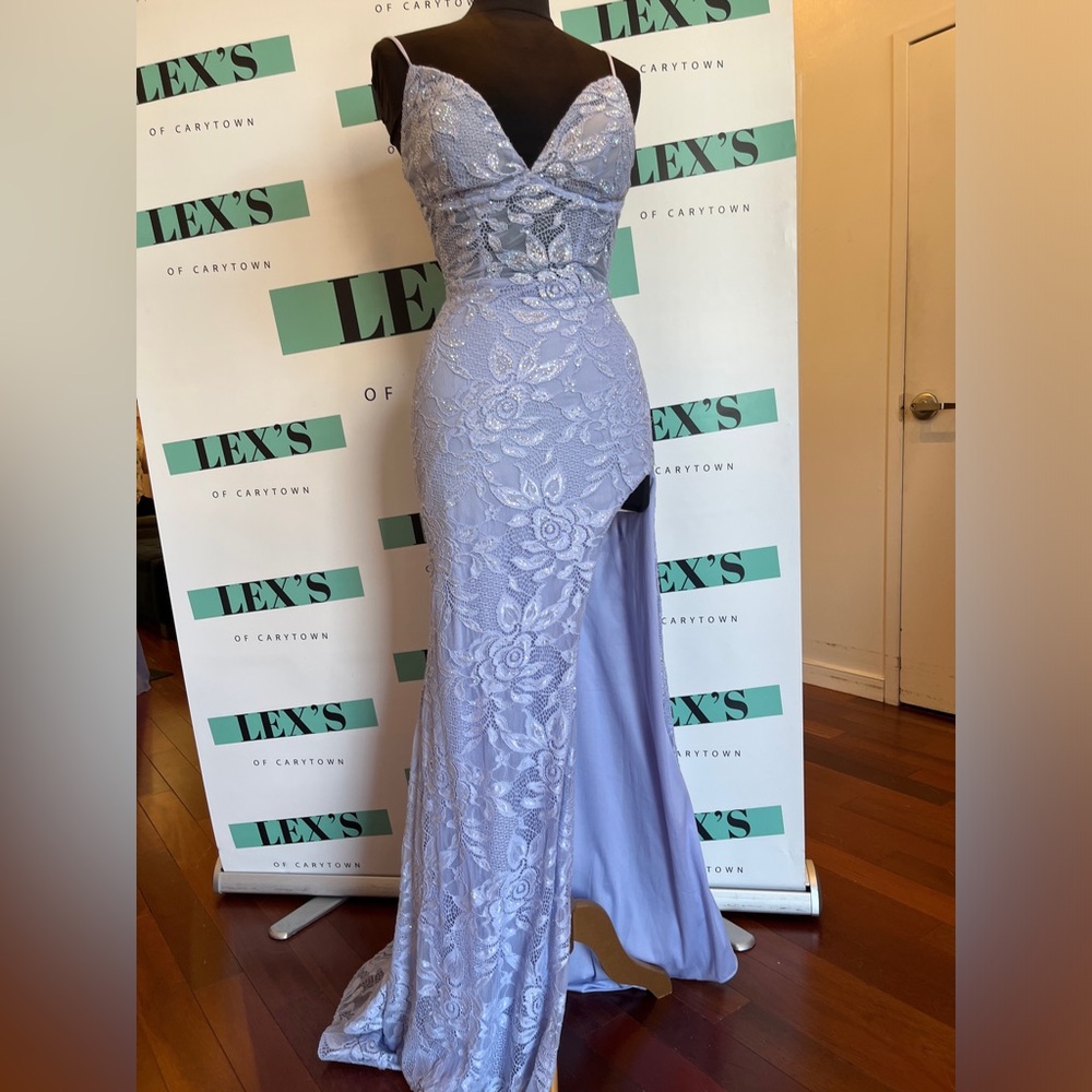 La Femme Light Periwinkle Lace Maxi Dress